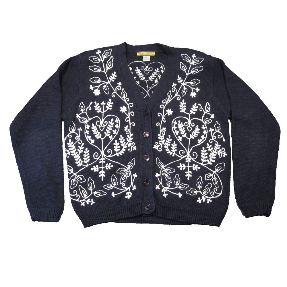 Bryn Connelly Cardigan Sweater M Navy White Embroidery Button Up Cottage Grandma